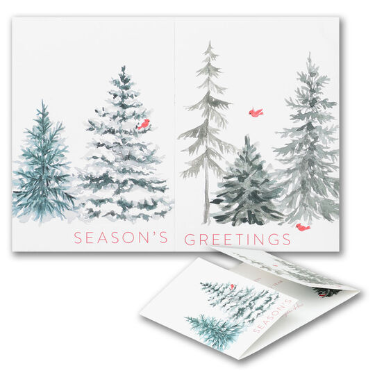 Winter Birds and Trees Tri-Fold Holiday Cards